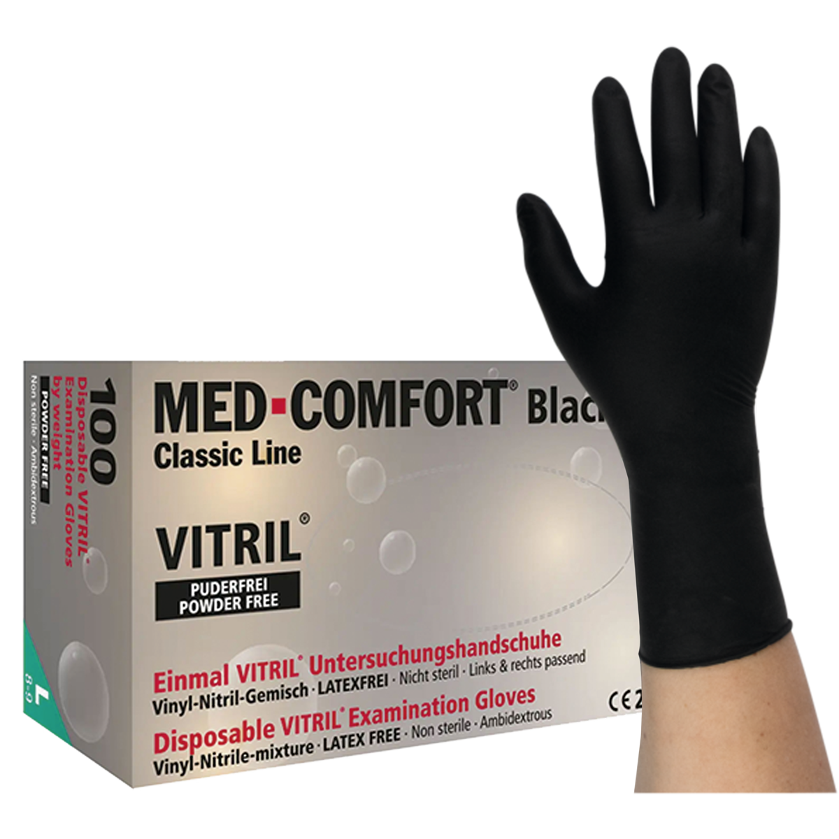 MED-COMFORT Black Vitril – Vitrilhandschuhe schwarz, puderfrei, 100 Stück (01252)